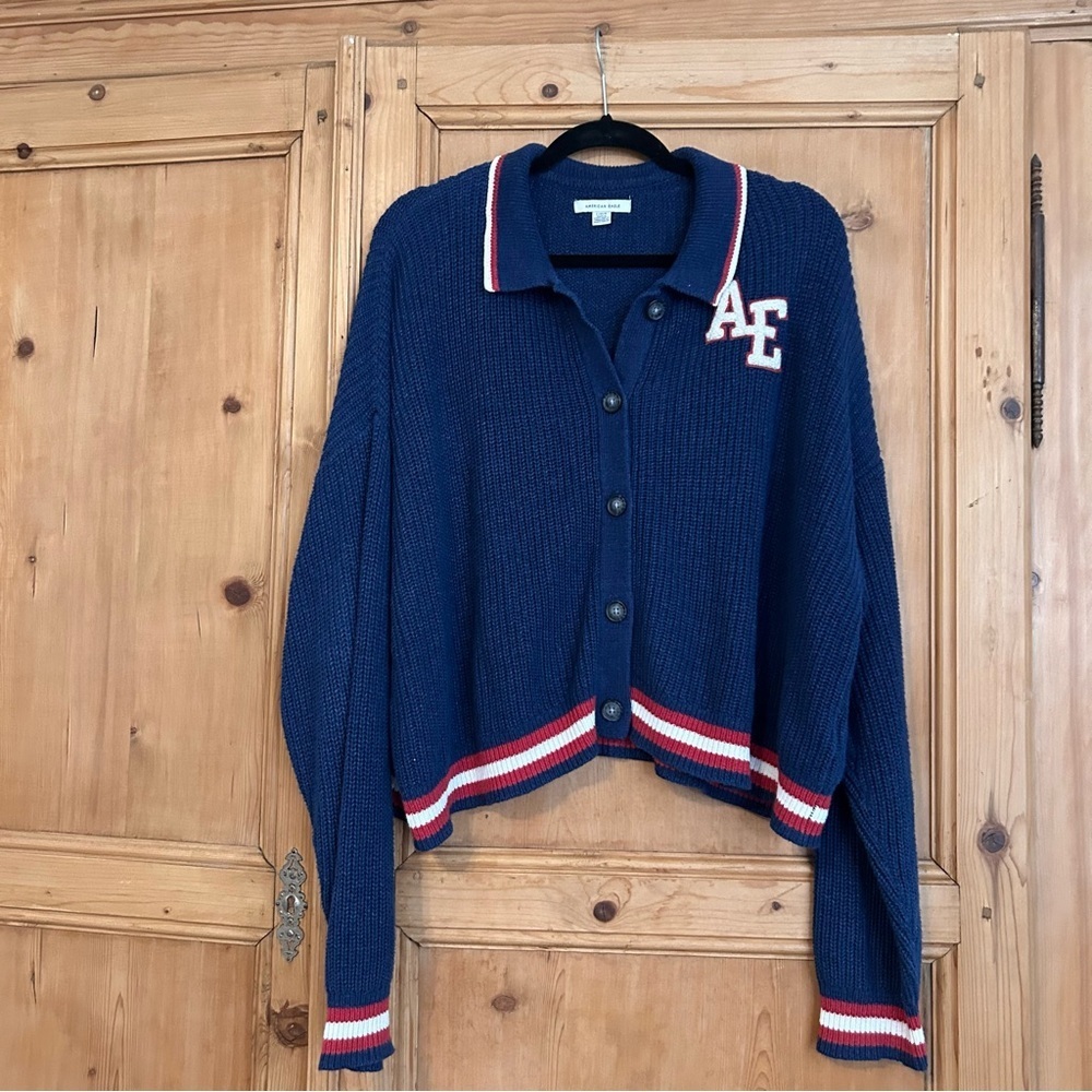 American Eagle Outfitters Women’s Navy Varsity Cardigan Cropped Sz L